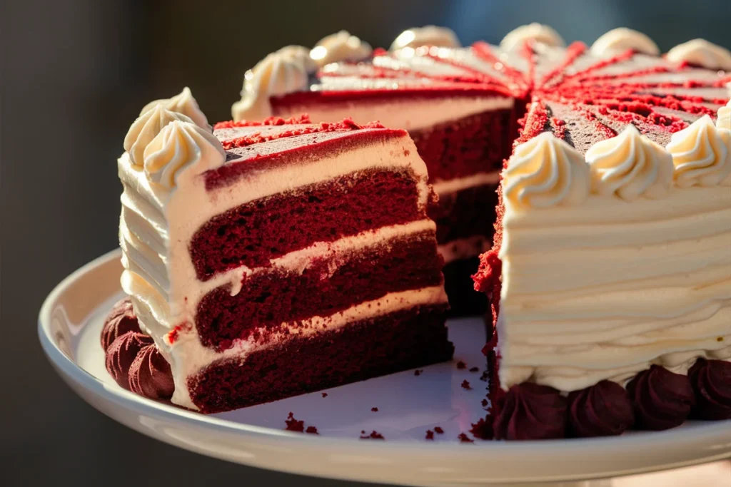 A slice of red velvet cake with cream cheese frosting on a white plate, set on a rustic wooden table with baking ingredients in the background.