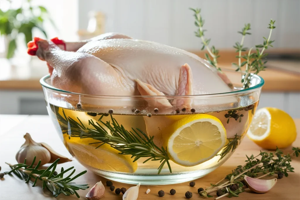 Whole chicken submerged in a lemon and herb-infused brine solution in a glass bowl.