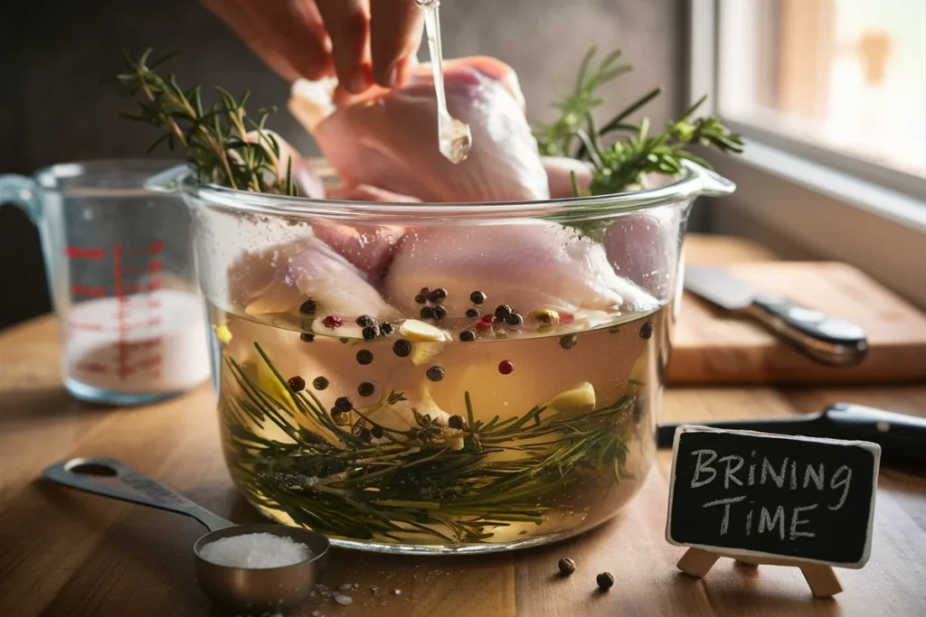 Whole chicken brining in a glass bowl with herbs and spices in a kitchen setting.