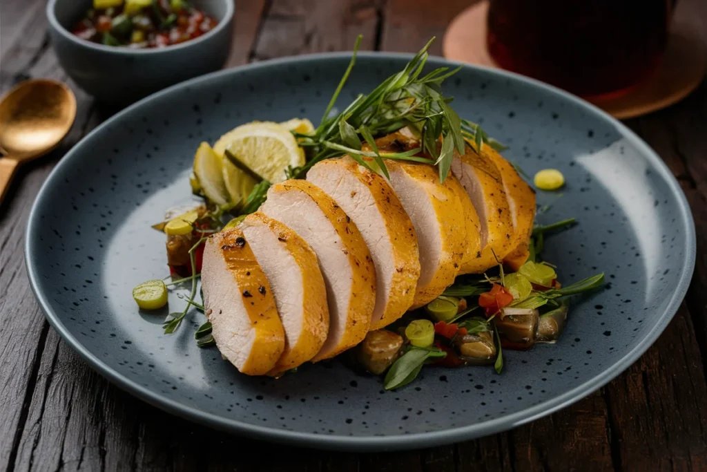 Raw thin-sliced chicken breast on a cutting board near a kitchen sink.