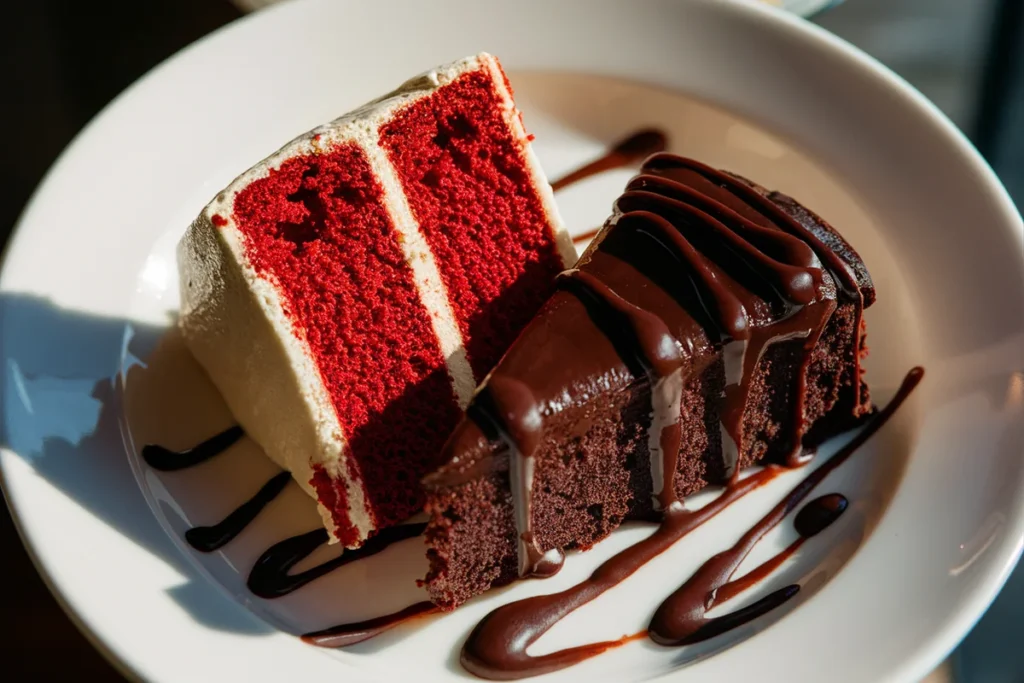 Red velvet cake with cream cheese frosting and chocolate cake with chocolate ganache, side by side on a dessert table.