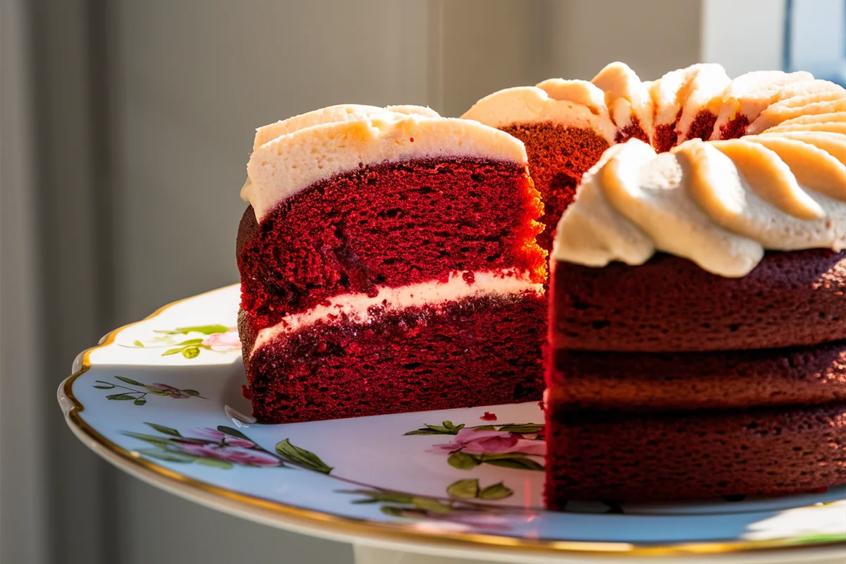 Close-up of a red velvet cake with cream cheese frosting, showing the rich red layers and velvety texture on a modern kitchen countertop.