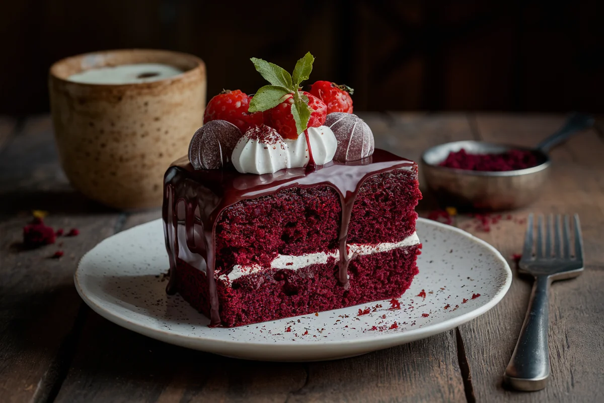 A slice of red velvet cake with cream cheese frosting on a white plate, set on a rustic wooden table with baking ingredients in the background.