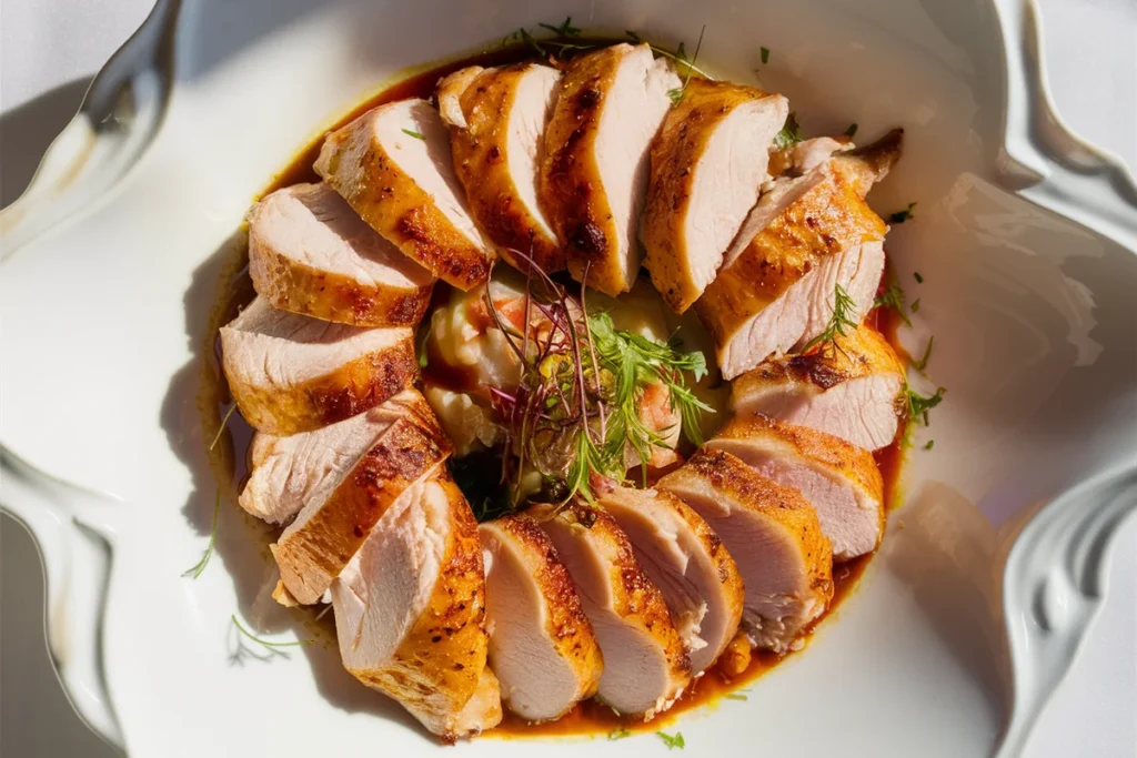 Raw thin-sliced chicken breast on a cutting board near a kitchen sink.