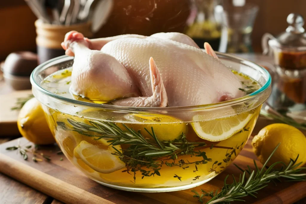 Whole chicken submerged in a lemon and herb-infused brine solution in a glass bowl.