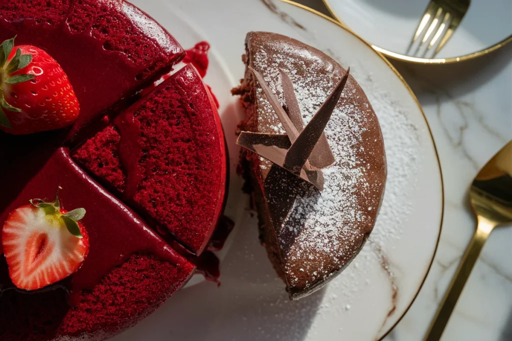 Red velvet cake with cream cheese frosting and chocolate cake with chocolate ganache, side by side on a dessert table.