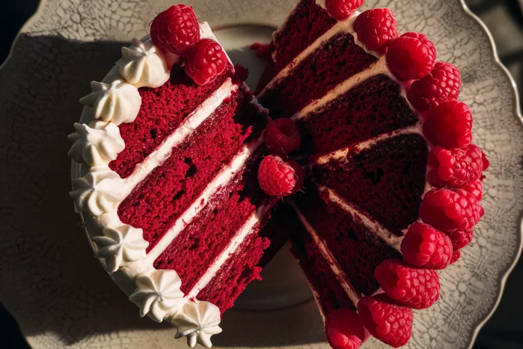 Close-up of a red velvet cake with cream cheese frosting, showing the rich red layers and velvety texture on a modern kitchen countertop.