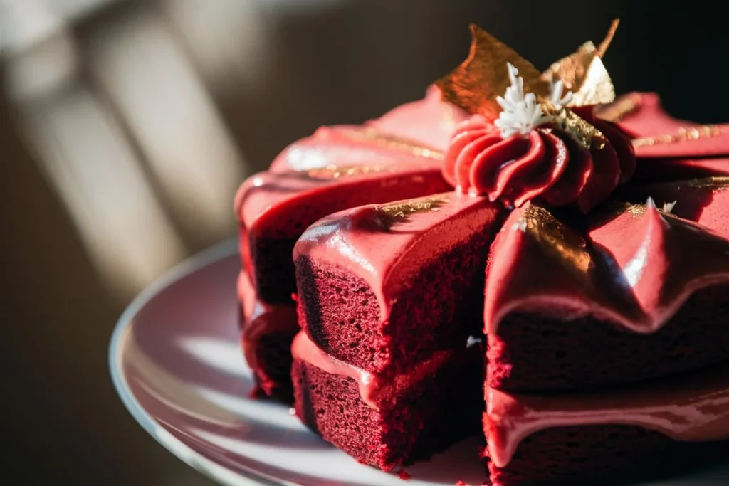 A slice of red velvet cake with cream cheese frosting on a white plate, set on a rustic wooden table with baking ingredients in the background.