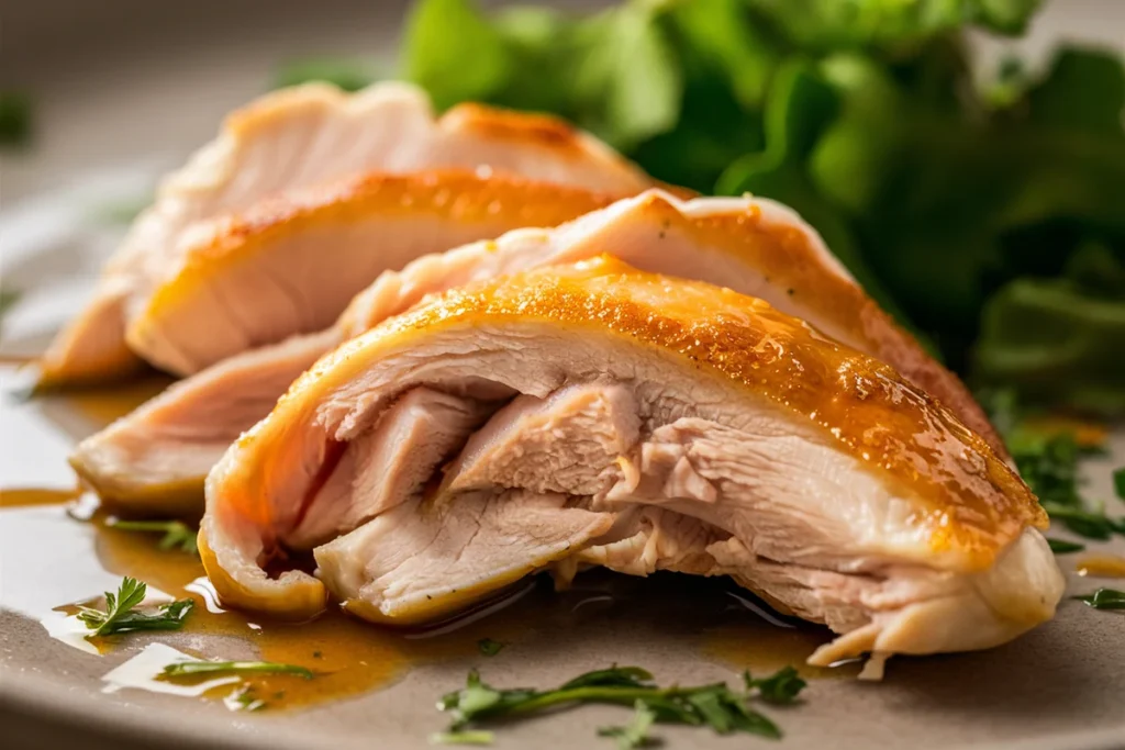 Juicy thin chicken breast with golden-brown crust on a cutting board, surrounded by fresh herbs and a small dish of marinade.