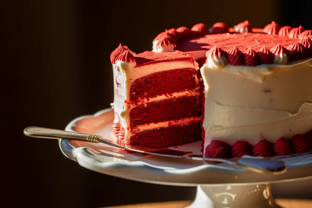 A slice of red velvet cake with layers of red sponge and white cream cheese frosting on a white cake stand, surrounded by cake crumbs and raspberries.