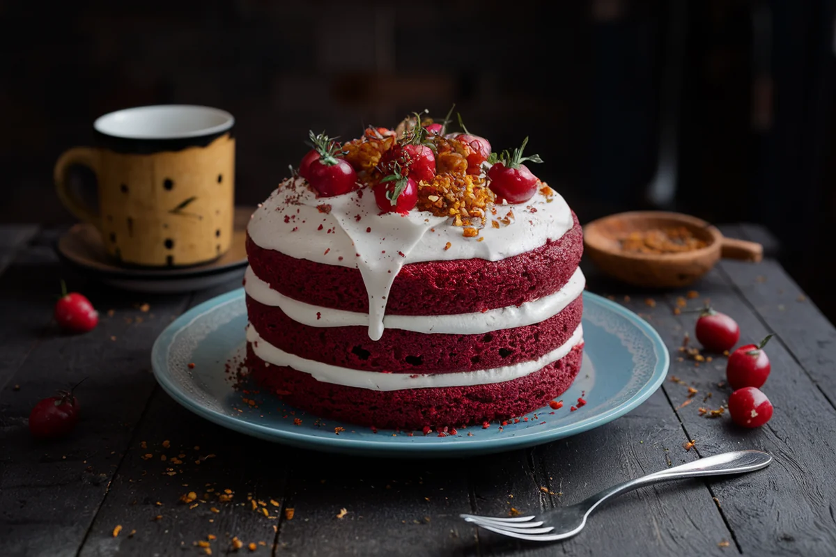 A slice of red velvet cake with layers of red sponge and white cream cheese frosting on a white cake stand, surrounded by cake crumbs and raspberries.