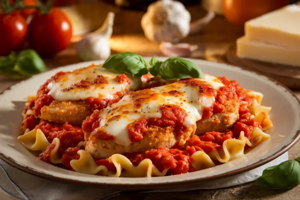 A plate of Chicken Parmesan Pasta with crispy breaded chicken, melted cheese, and pasta in tomato sauce, garnished with fresh basil.