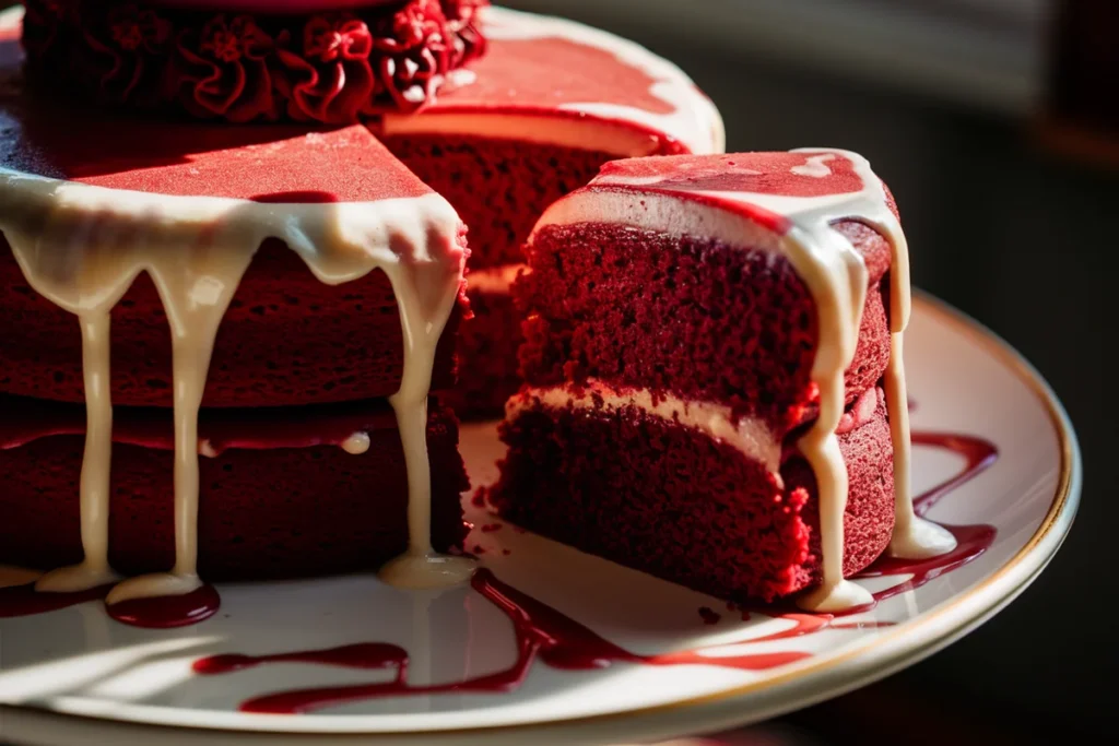 A slice of red velvet cake with layers of red sponge and white cream cheese frosting on a white cake stand, surrounded by cake crumbs and raspberries.