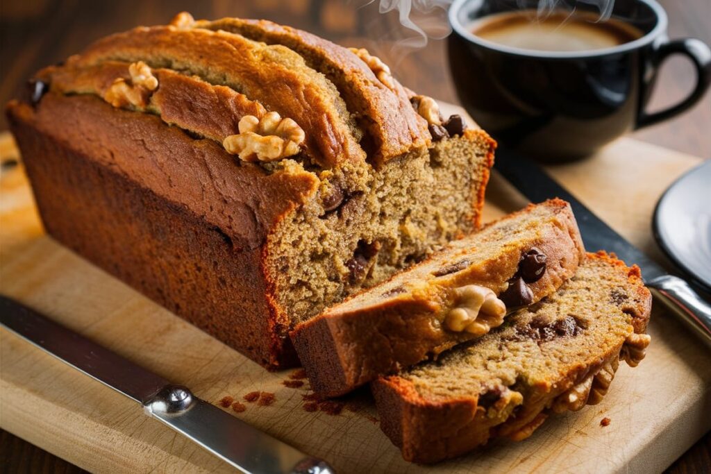 Collapsed banana bread loaf on a cooling rack after baking