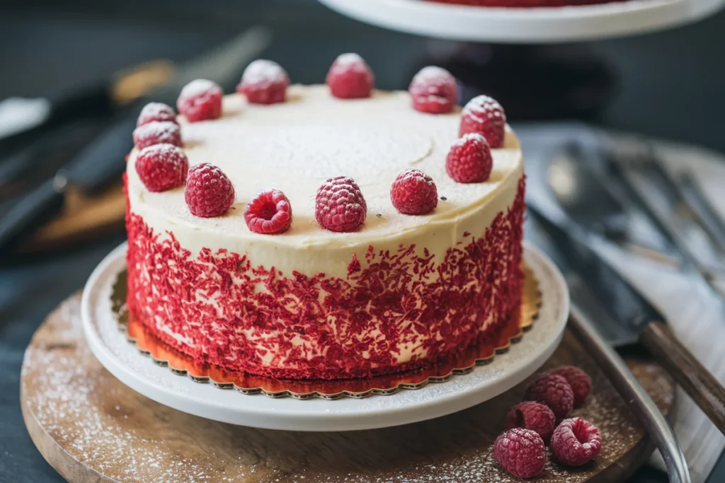 A slice of red velvet cake with cream cheese frosting on a white plate