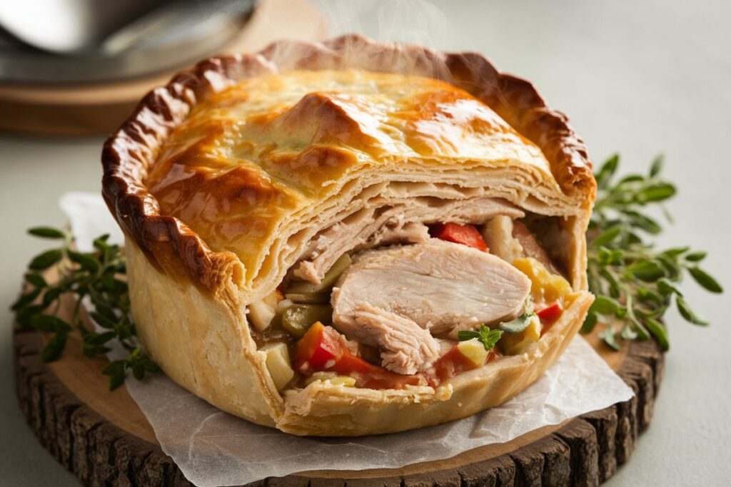 A classic chicken pot pie with a golden-brown flaky crust, partially cut open to reveal a rich and creamy filling of chicken, peas, carrots, and potatoes, set on a rustic kitchen table.