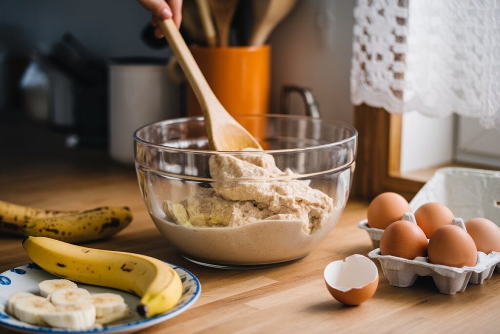 Mixing bowl with cake mix being stirred, surrounded by mashed bananas and eggs on a kitchen countertop, illustrating the use of bananas as an egg substitute in baking.