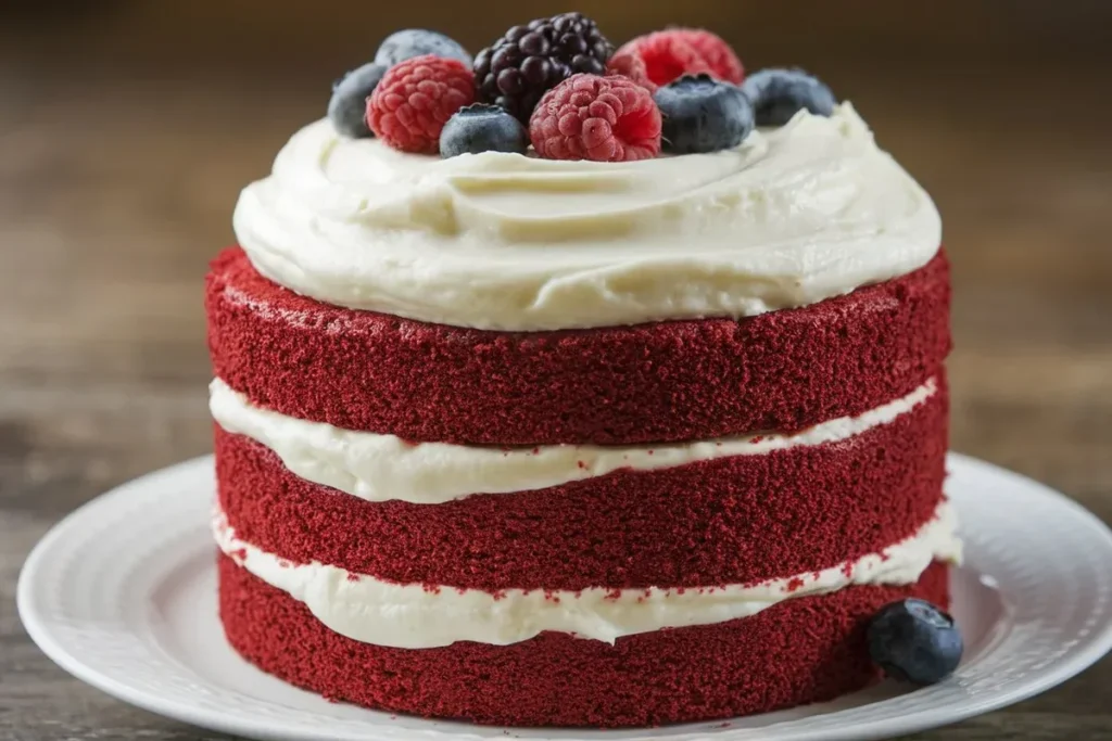 A slice of red velvet cake with cream cheese frosting on a white plate.