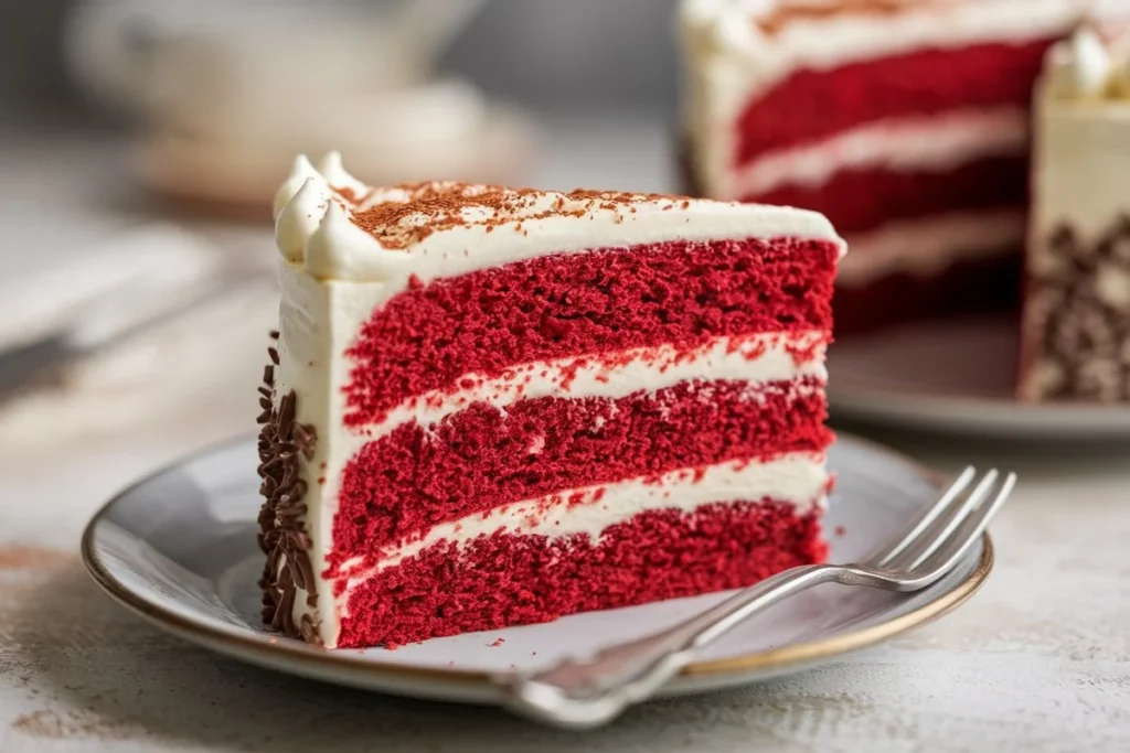 Slice of red velvet cake with cream cheese frosting, fresh raspberries, and mint garnish on a white ceramic plate with a gold fork.