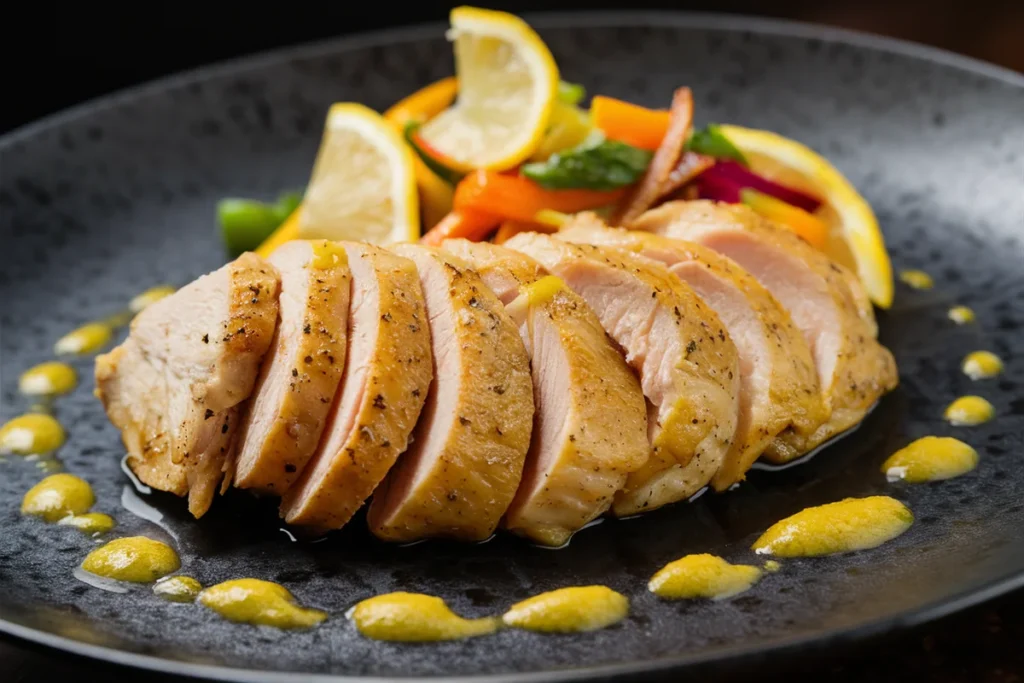 Thinly sliced chicken breast on a wooden cutting board, garnished with fresh herbs and a halved lemon in a kitchen setting