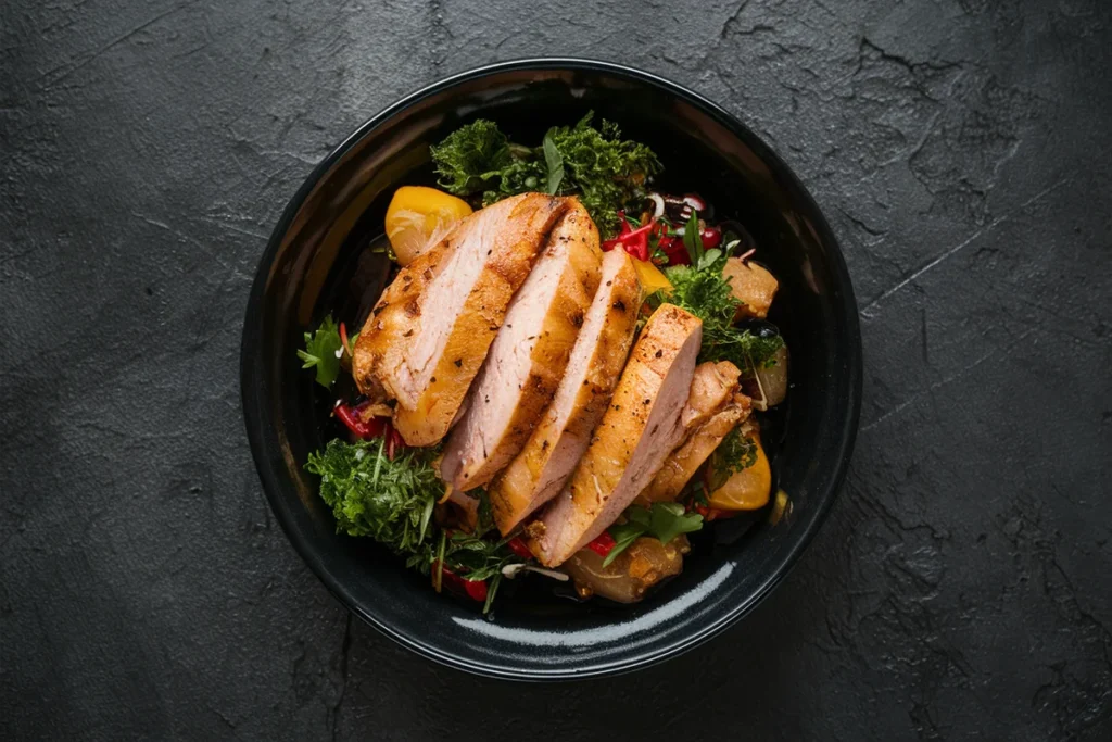 Thinly sliced chicken breast on a wooden cutting board, garnished with fresh herbs and a halved lemon in a kitchen setting