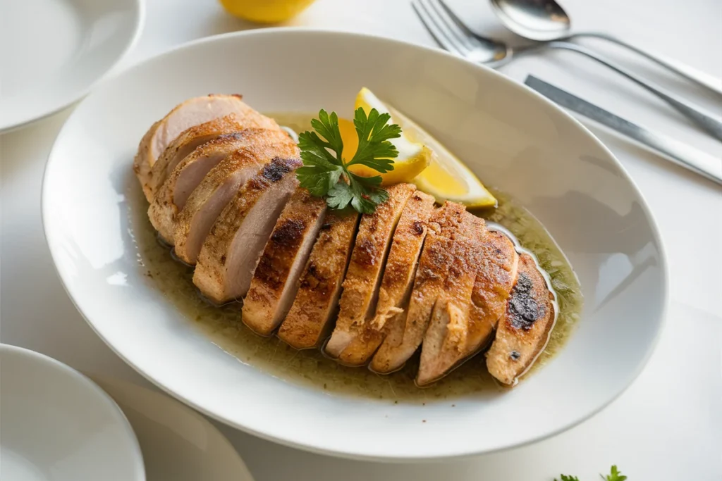 Thinly sliced chicken breast on a wooden cutting board, garnished with fresh herbs and a halved lemon in a kitchen setting