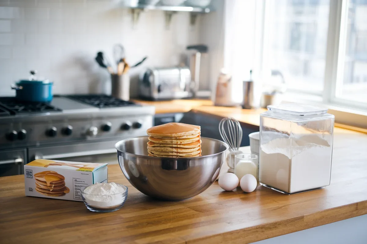 Flour and pancake mix containers with baking ingredients on a kitchen counter.