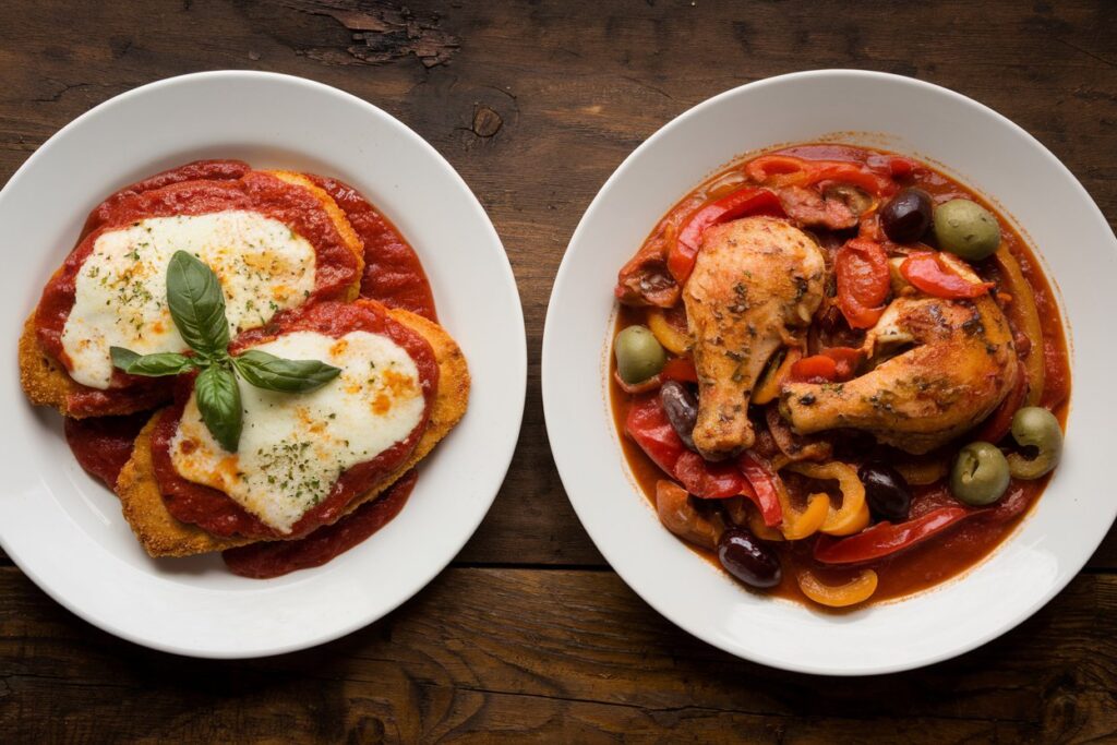 Chef preparing Chicken Parmesan and Chicken Cacciatore in a kitchen.