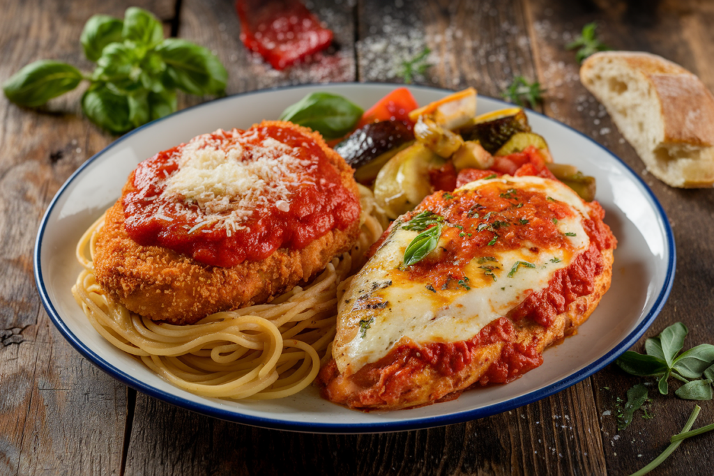 Plate showing the difference between Chicken Parmesan and Chicken Parmigiana, with one side featuring chicken topped with melted mozzarella and marinara over spaghetti, and the other with chicken topped with a lighter cheese layer and herby tomato sauce, served with roasted vegetables and bread.