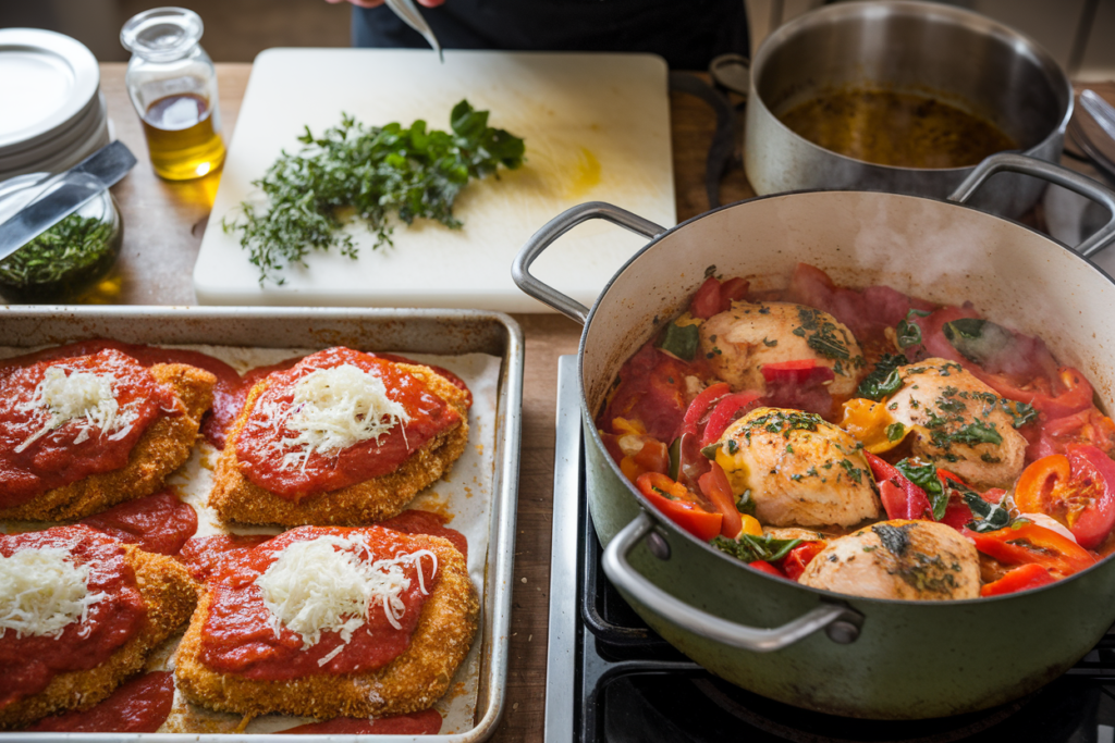 Side-by-side comparison of Chicken Parmesan and Chicken Cacciatore dishes.