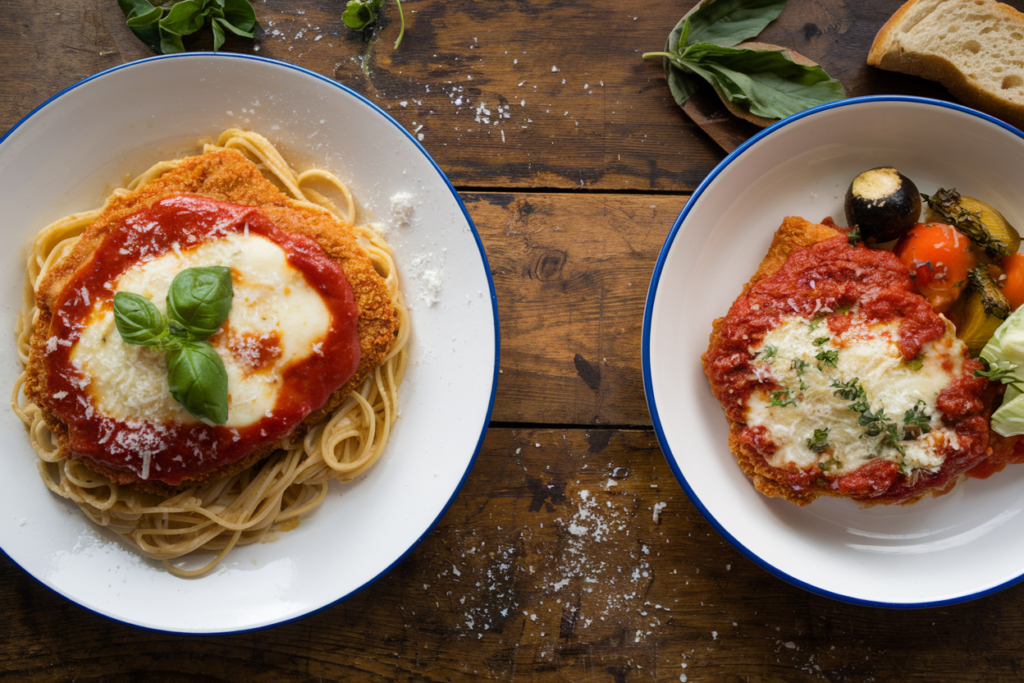 Plate showing the difference between Chicken Parmesan and Chicken Parmigiana, with one side featuring chicken topped with melted mozzarella and marinara over spaghetti, and the other with chicken topped with a lighter cheese layer and herby tomato sauce, served with roasted vegetables and bread.