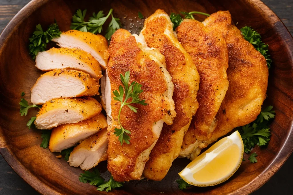 Comparison of a chicken cutlet and a thin sliced chicken breast on a wooden cutting board.