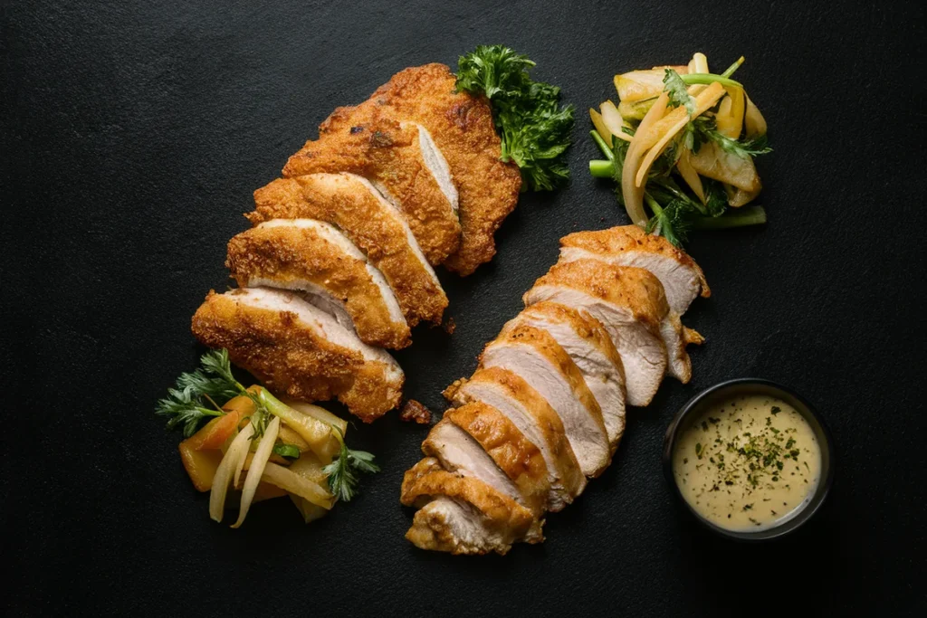 Comparison of a chicken cutlet and a thin sliced chicken breast on a wooden cutting board.