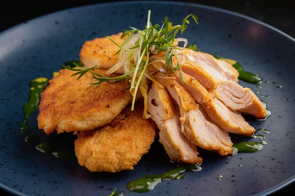 Comparison of a chicken cutlet and a thin sliced chicken breast on a wooden cutting board.