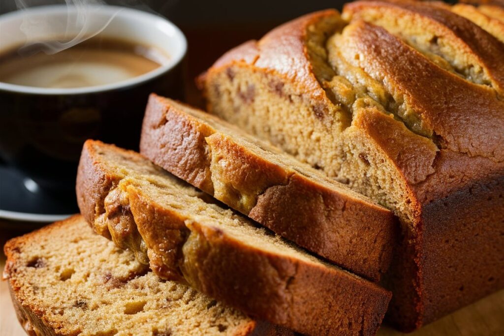 Collapsed banana bread loaf on a cooling rack after baking