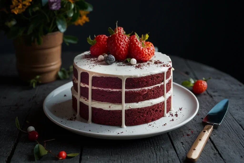 A slice of red velvet cake with layers of red sponge and white cream cheese frosting on a white cake stand, surrounded by cake crumbs and raspberries.