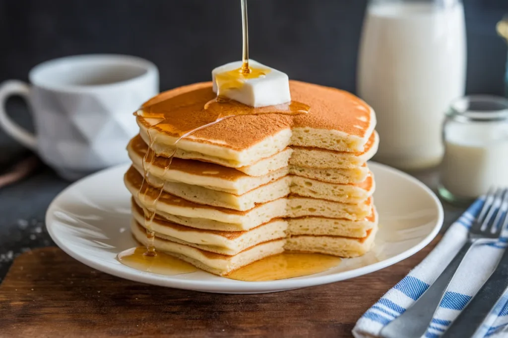 Stack of fluffy diner pancakes with butter and syrup in a classic diner setting