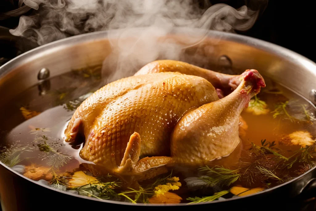 Raw chicken submerged in a glass bowl with brining liquid containing salt, herbs, garlic, and lemon slices in a modern kitchen.