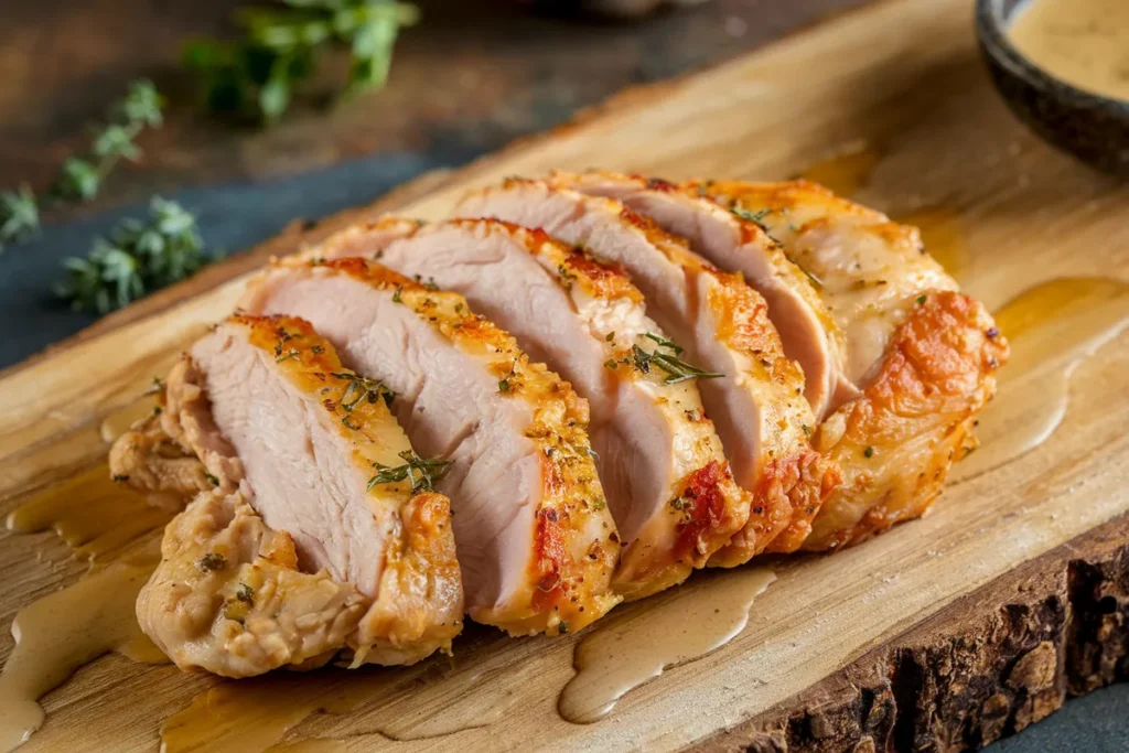 Thinly sliced chicken breast pieces labeled as cutlets, fillets, and scallopini on a cutting board.