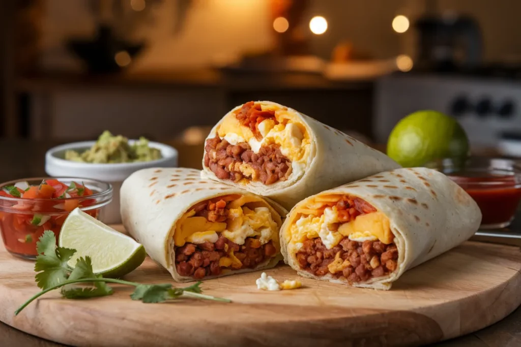 Chorizo breakfast burrito sliced in half with eggs, cheese, and potatoes