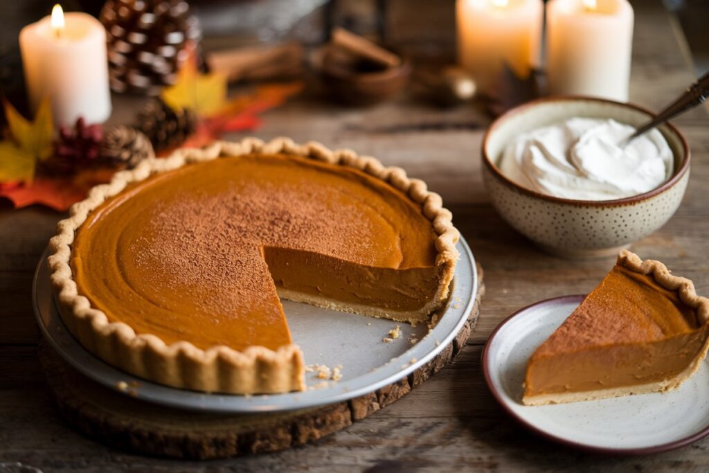 A dairy-free pumpkin pie with whipped coconut cream on a rustic wooden table, garnished with spices and surrounded by holiday decorations.