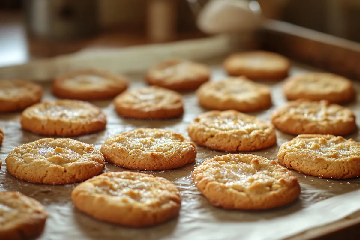 Freshly baked fluffy cookies on a baking tray with a warm kitchen background.