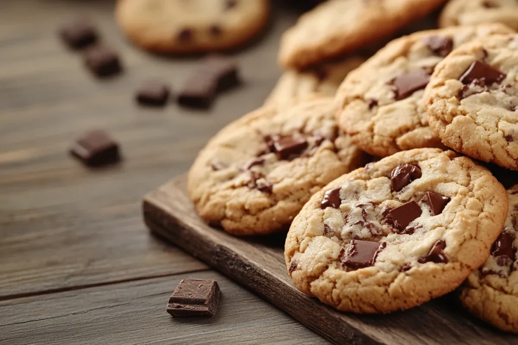 Freshly baked soft and chewy cookies on a wooden table.