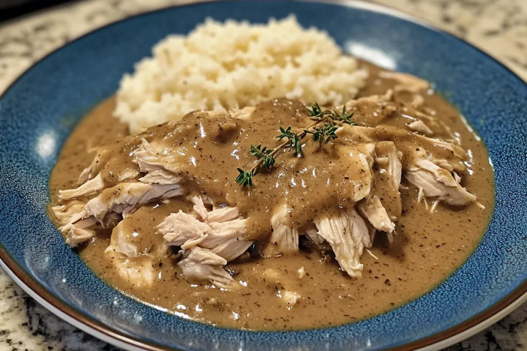 Three servings of chicken and gravy: over mashed potatoes, rice, and pasta.