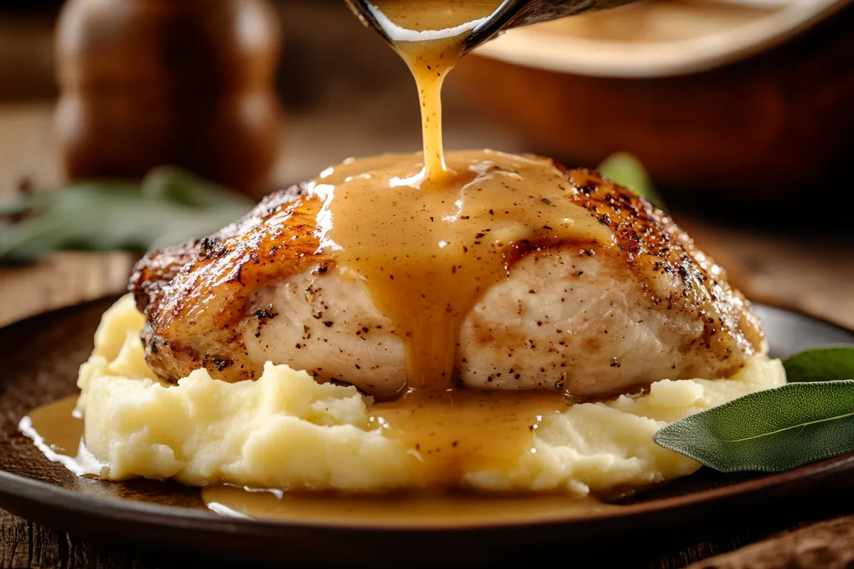 Gravy being poured over roasted turkey and mashed potatoes on a Thanksgiving table.