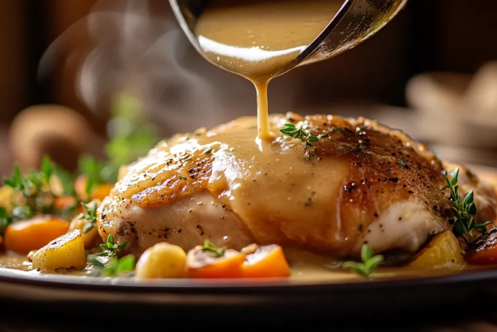 Rich chicken gravy being poured from a ladle onto roasted chicken with vegetables in a rustic kitchen setting.