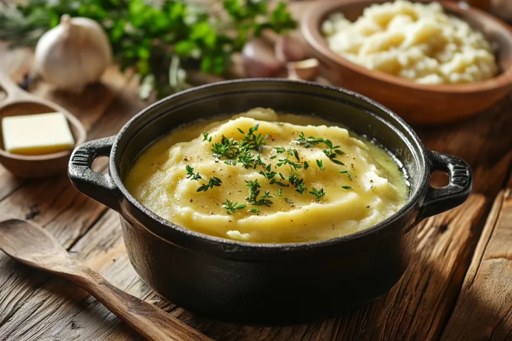 Chicken gravy being ladled over mashed potatoes with ingredients nearby.