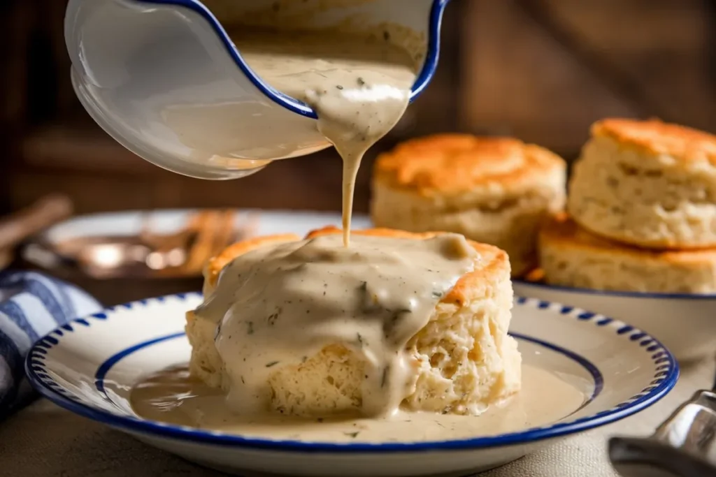 A comforting plate of chicken and biscuits covered in thick, creamy gravy on a rustic table setting. A comforting plate of chicken and biscuits covered in thick, creamy gravy on a rustic table setting.