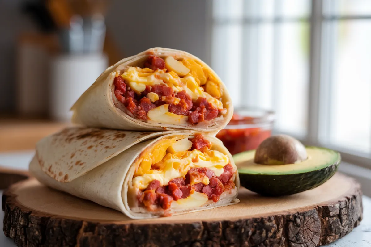 A chorizo breakfast burrito cut in half with filling spilling out.