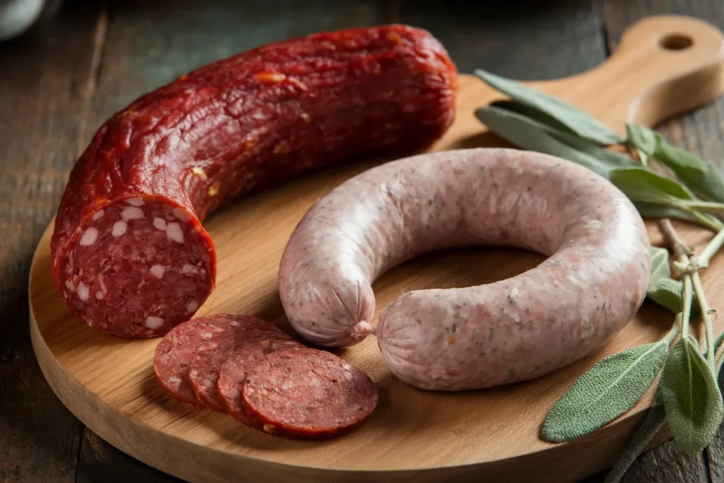 Chorizo and breakfast sausage displayed on a wooden cutting board.